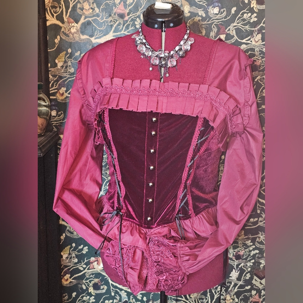 Scarlet Darkness XXL Dark Burgundy Victorian Gothic Steampunk Corset Blouse - Picture 4 of 14